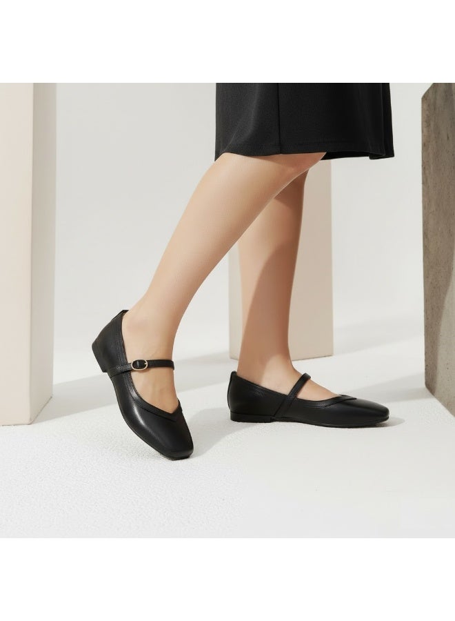 لايف ستيلاش  حذاء بالبيرينا مسطح من الجلد مربع BF-802 - أسود - Image 1